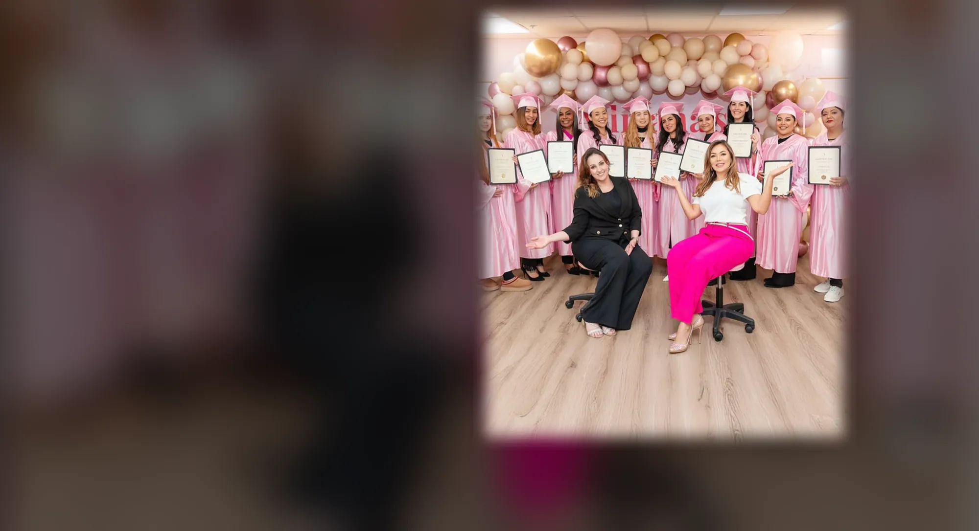 Students at work during a class at Adriana's Academy A graduating class of Adriana's Academy in pink gowns, holding their certificates, with Adriana Souza Santos