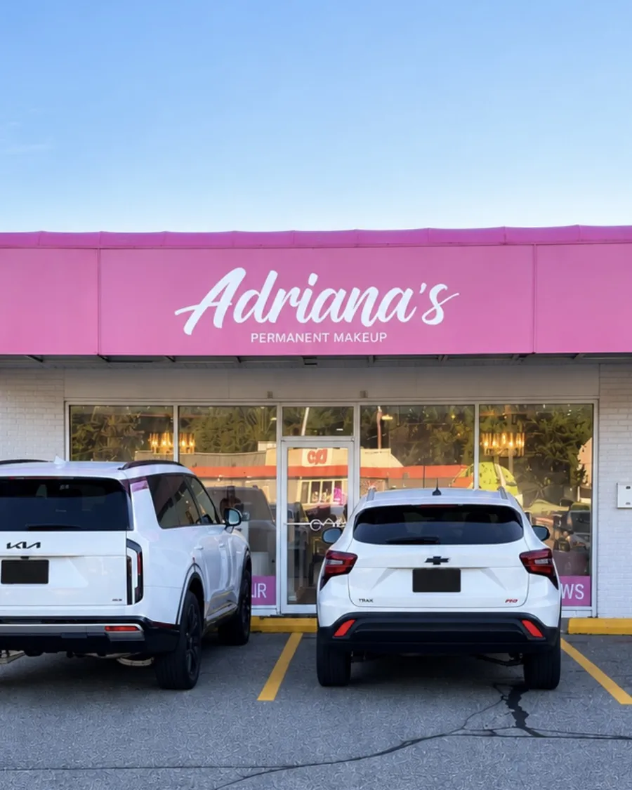 Pink storefront of Adriana's Permanent Makeup on Lowell Street in Wilmington, MA