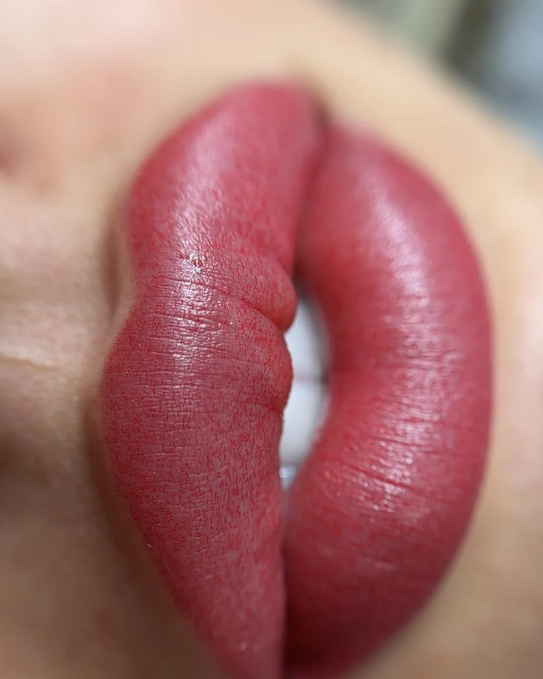 Healed lip blush in a deep rose tone with a defined border and even colour across both lips