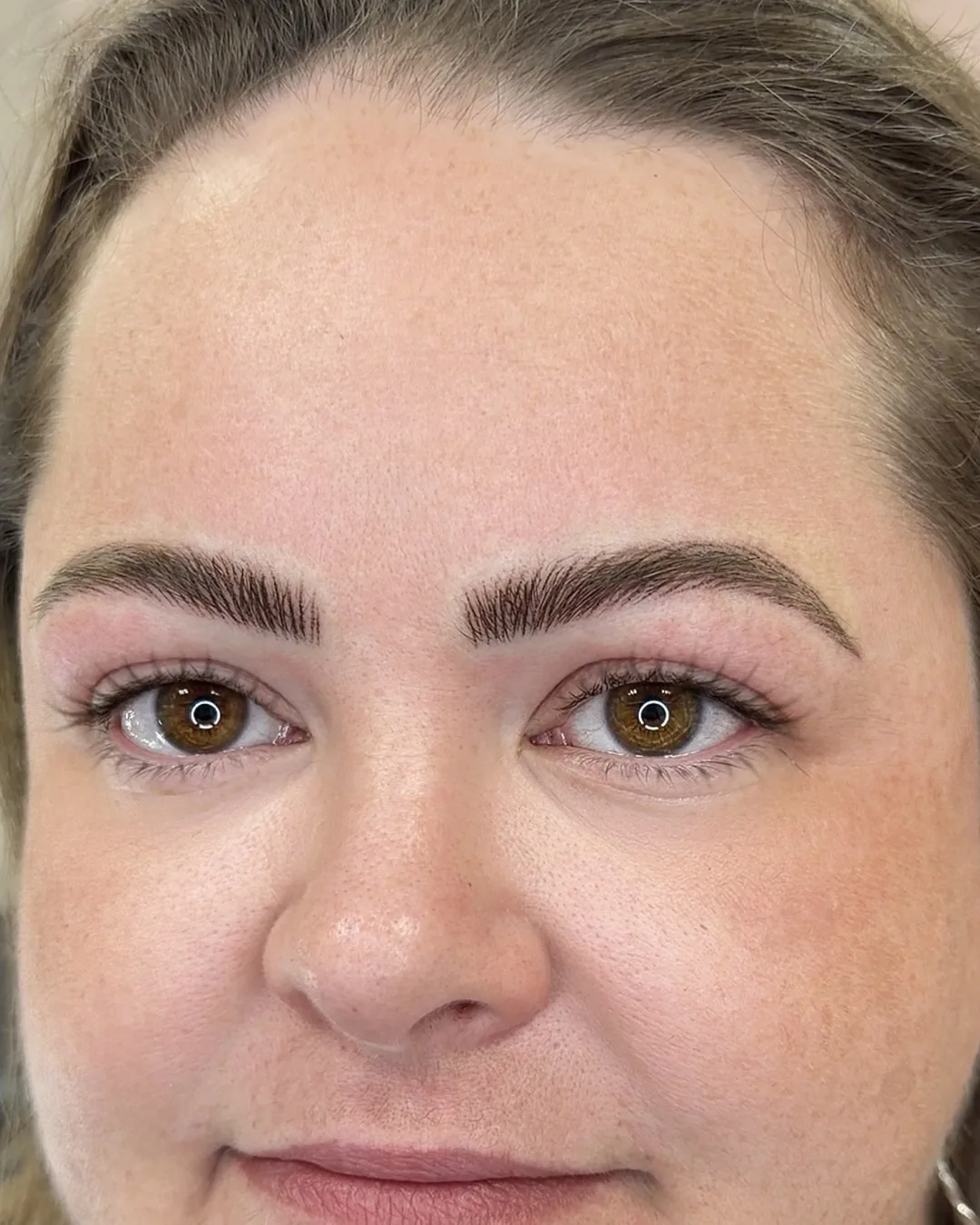 Healed nano brows framing the eyes, with a fuller body and a clean but unpainted edge